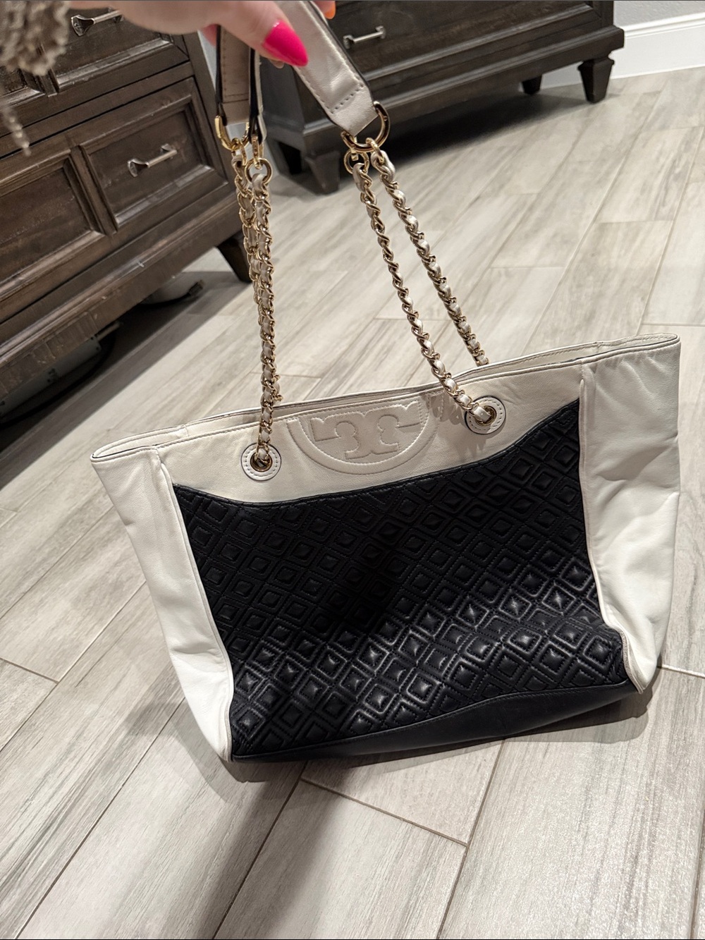 Tory Burch Black Quilted and Cream Leather Chain-Handle Tote